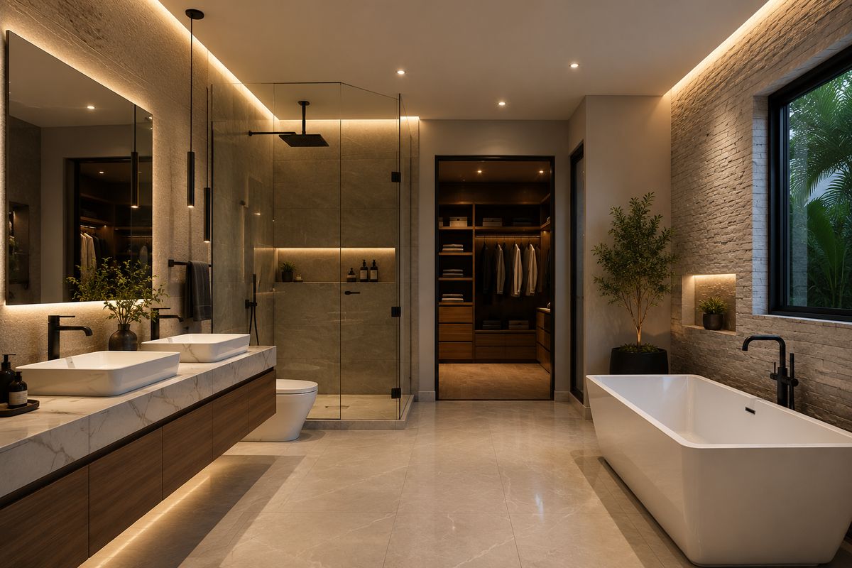 Design concept render of a spa-style primary bathroom