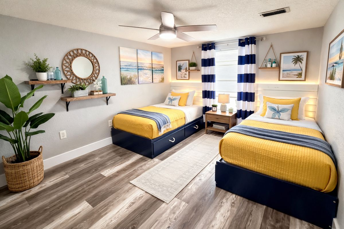 Design concept render of a coastal guest bedroom