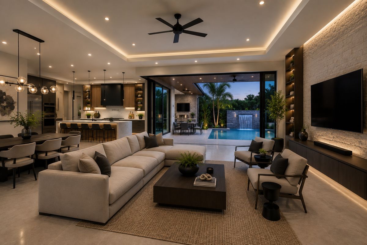 Design concept render of an open living space facing a pool