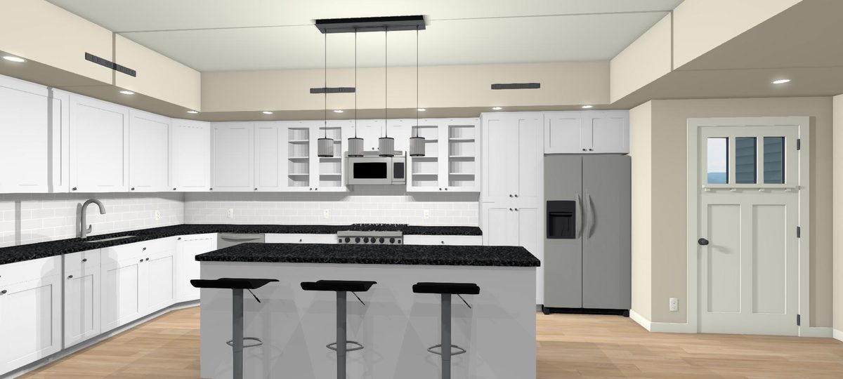3D design render of a white kitchen with black countertops