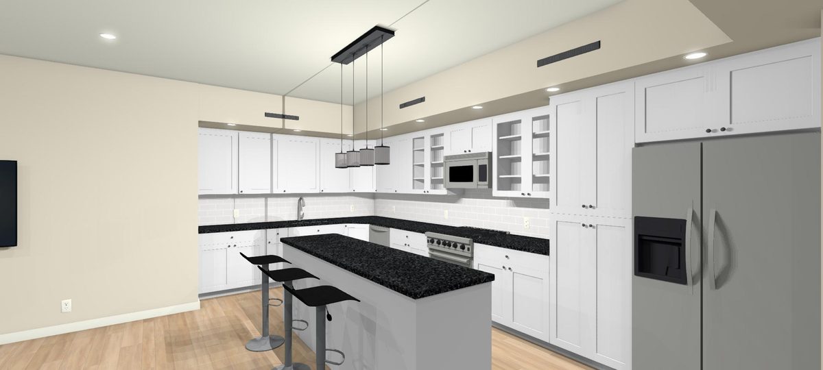 3D design render of the same kitchen from the dining side