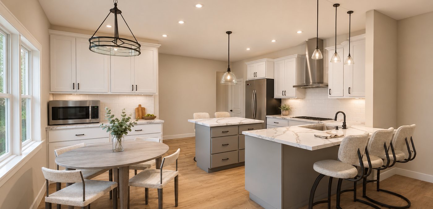 Finished kitchen and dining area, designed and dimensioned before construction