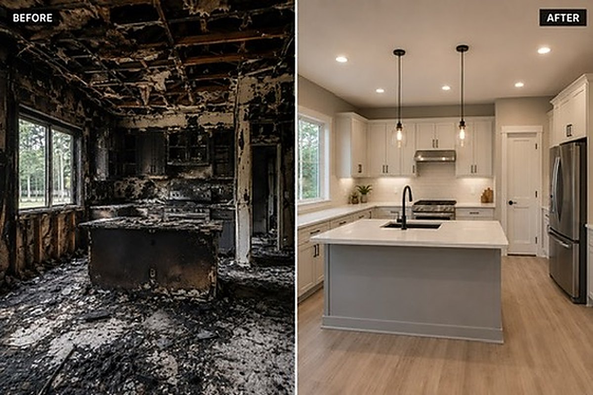 Illustration showing a fire-damaged kitchen before and the same space after full reconstruction