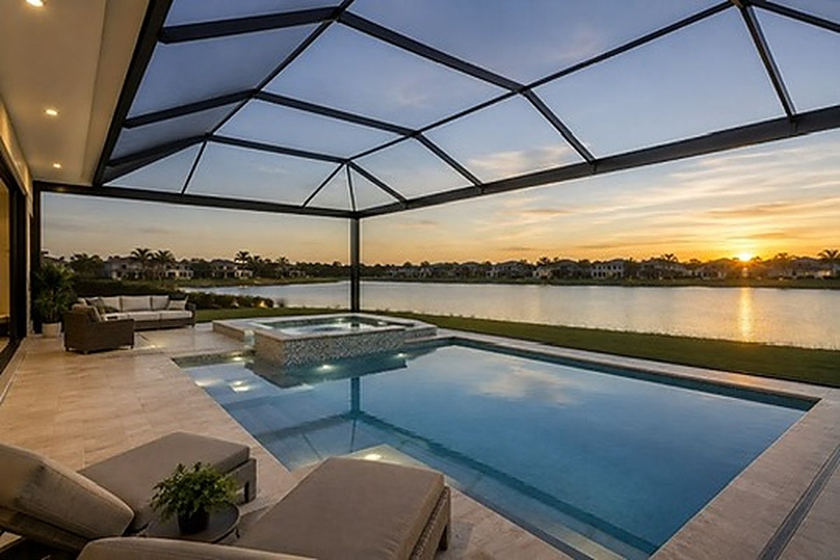 Illustration of a screened pool enclosure over a waterfront pool deck