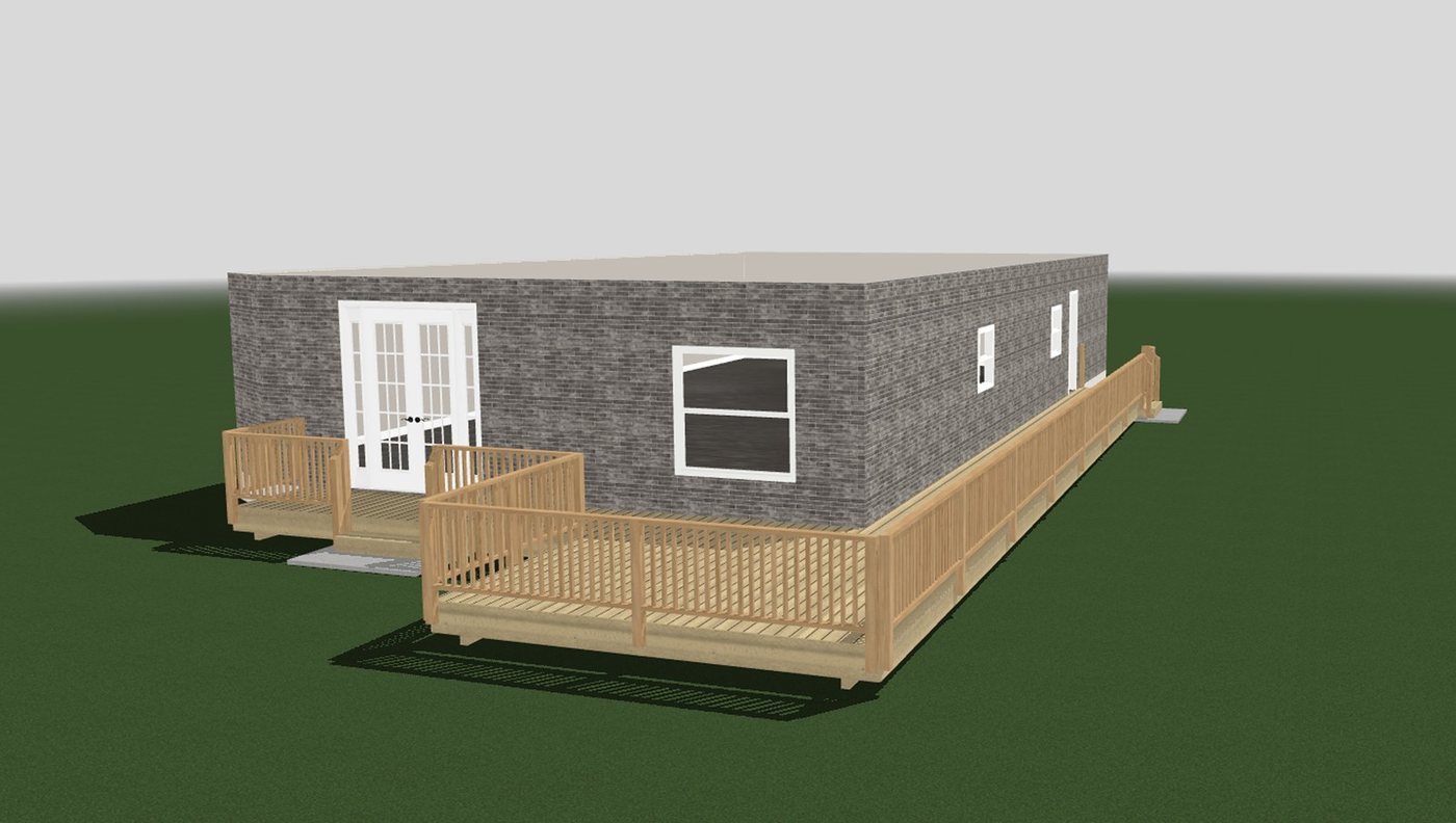3D model of a home with a wraparound deck and railing