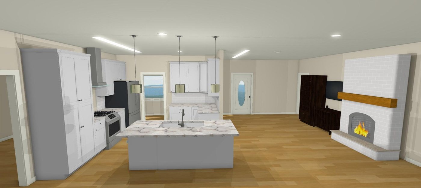 3D kitchen model showing island placement, appliances, and sightlines