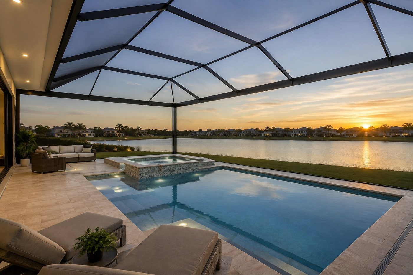 Screened pool enclosure over a waterfront pool and spa at sunset
